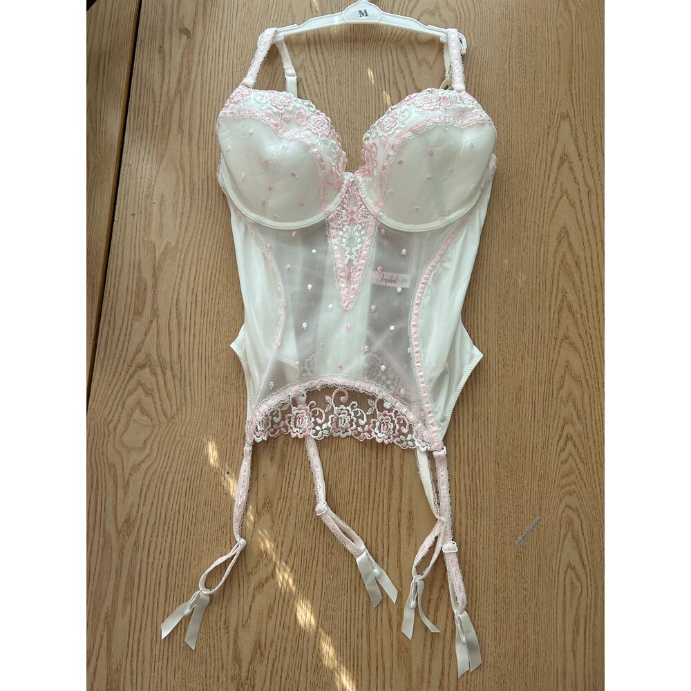 New Womens Jezebel 1pc Lingerie Sheer Lacey Bodysuit with Garters White Pink 34D